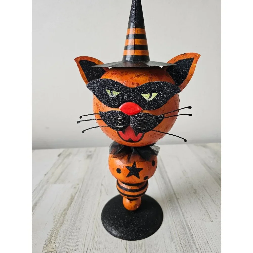 Pier 1 cat pumpkin metal glitter Halloween prop unique‎ vintage black